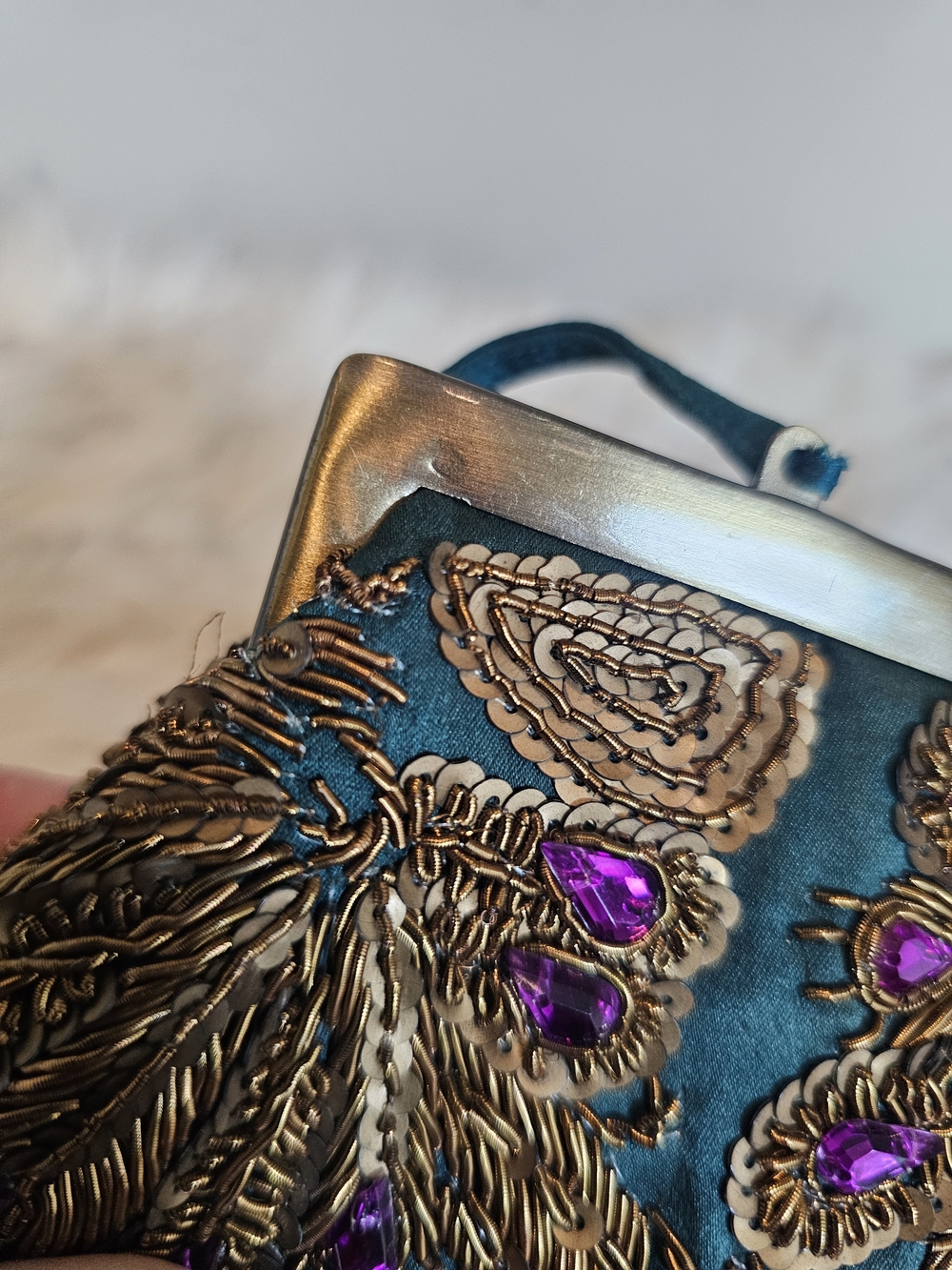 Vintage Santi Teal Satin Purple & Gold Beaded Evening Clutch Bag Fairycore - Picture 12 of 14